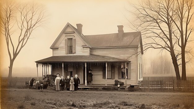Foto um grupo de pessoas em frente a uma casa que tem um cavalo na frente