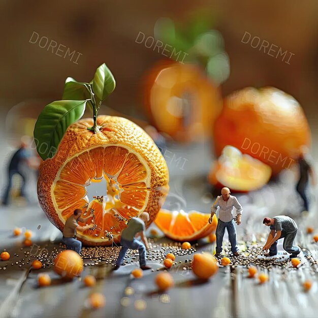 Um grupo de pessoas em miniatura em pé em torno de uma laranja