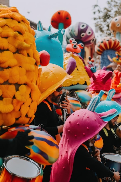 Um grupo de pessoas em trajes coloridos de lagarta Imagem generativa de IA