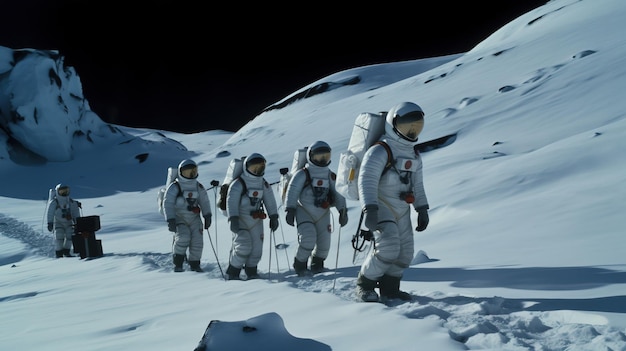 Um grupo de pessoas em trajes de astronauta em uma montanha de neve Generative AI Art