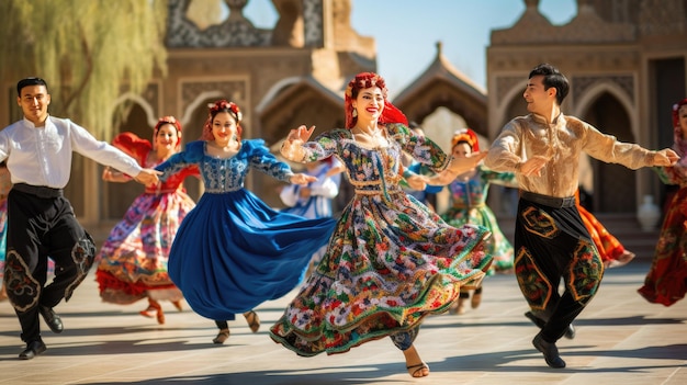 um grupo de pessoas em trajes tradicionais dança em frente a um templo.