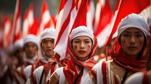 um grupo de pessoas em trajes tradicionais está segurando bandeiras e vestindo panos vermelhos e brancos.