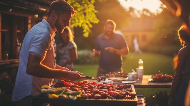 Um grupo de pessoas em um churrasco ao pôr-do-sol Férias de verão Vegetais grelhados Jantar na grelha Carne saborosa e suculenta cozida na grelha Feriado