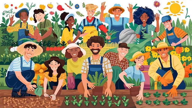 um grupo de pessoas em um jardim com plantas e árvores