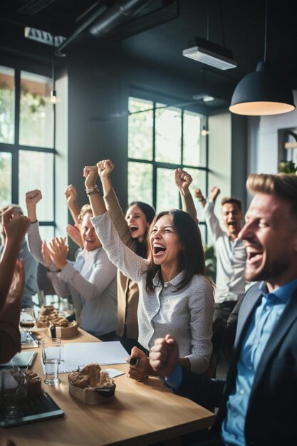 um grupo de pessoas em um restaurante com os braços levantados no ar