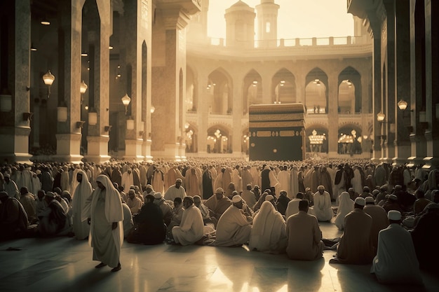 Um grupo de pessoas em uma mesquita com a kaaba ao fundo.