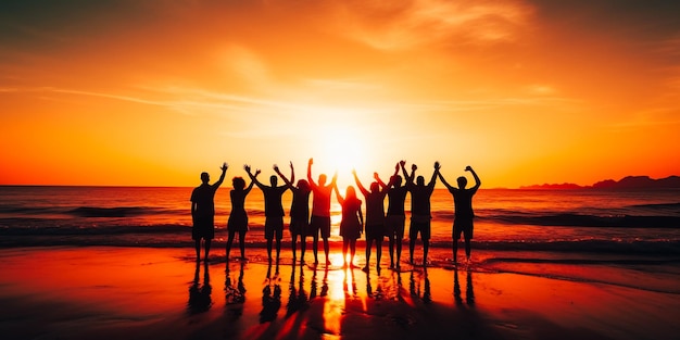 Um grupo de pessoas em uma praia com o sol se pondo atrás deles