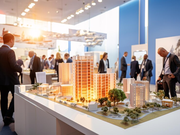 Foto um grupo de pessoas em uma sala com um modelo de edifícios