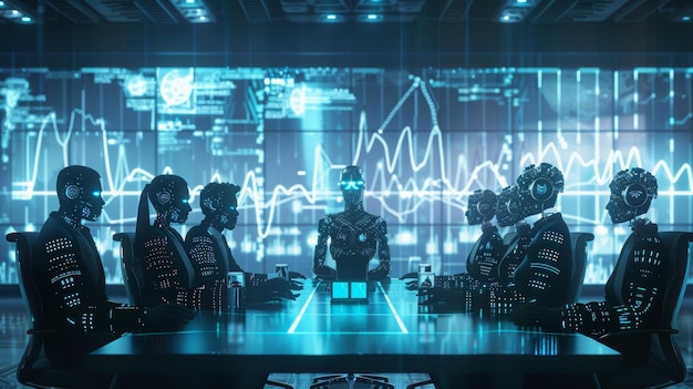 um grupo de pessoas em uma sala com um robô na tela