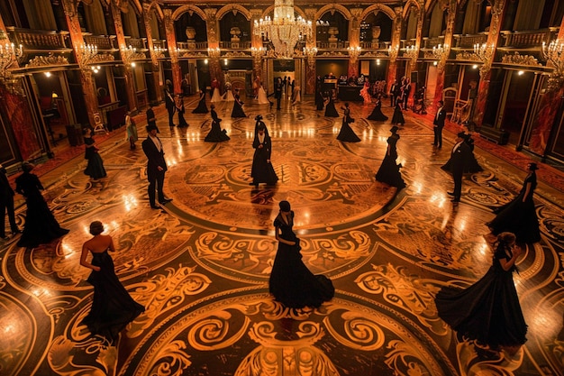 Foto um grupo de pessoas em uma sala grande com um candelabro pendurado no teto