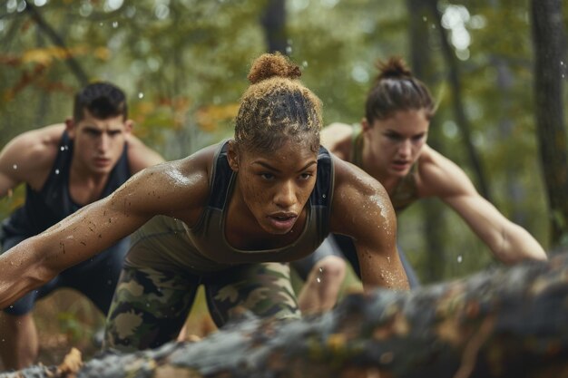 Um grupo de pessoas entusiastas de fitness são vistos correndo energicamente por uma área arborizada mostrando sua resistência e determinação