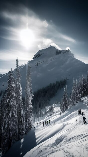 Um grupo de pessoas esquiando em uma montanha de neve com uma montanha ao fundo.