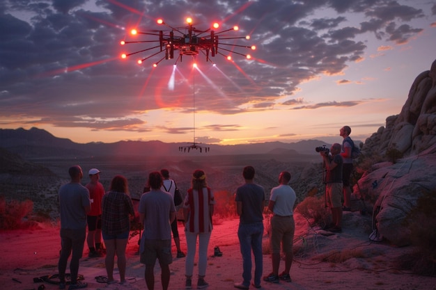 Um grupo de pessoas está a ver um drone com as palavras "tm" nele.