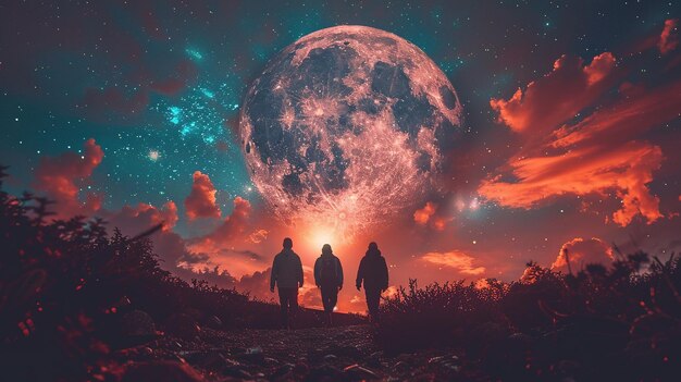 Foto um grupo de pessoas está andando em um campo com uma grande lua vermelha no céu