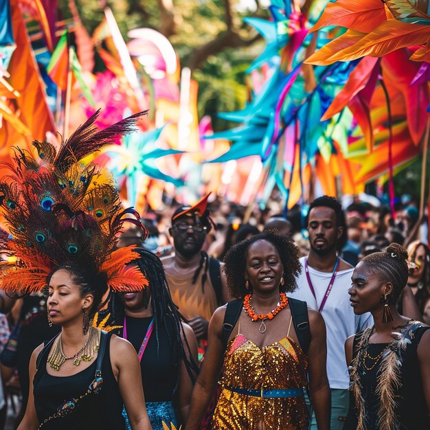 um grupo de pessoas está andando em um desfile com penas coloridas