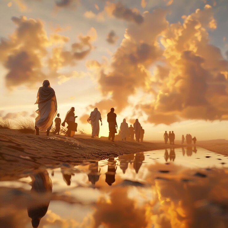 Foto um grupo de pessoas está andando em uma praia com o sol atrás deles