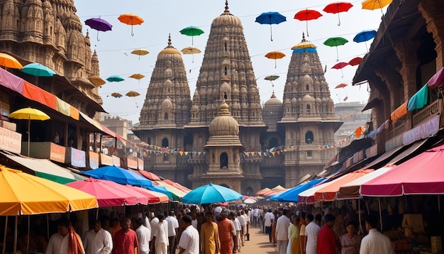 um grupo de pessoas está andando sob guarda-chuvas na frente de um templo