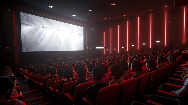 Foto um grupo de pessoas está assistindo a um filme em um cinema. o filme é projetado em uma grande tela na frente do cinema.