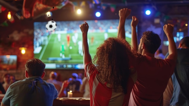 Um grupo de pessoas está assistindo a um jogo de futebol em uma tela grande