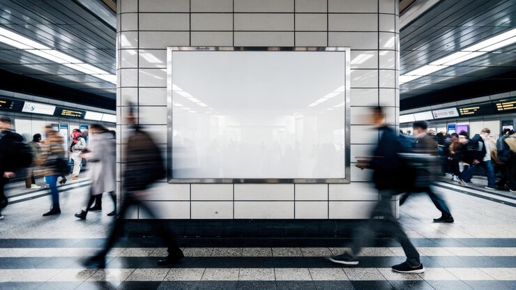 Foto um grupo de pessoas está caminhando por uma estação de metrô com um grande sinal branco no meio
