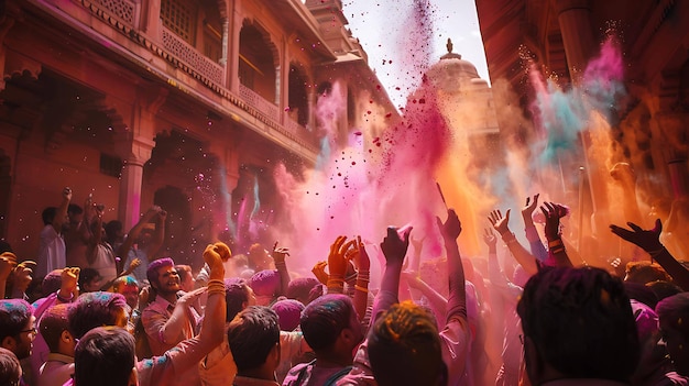 Um grupo de pessoas está celebrando o feriado hindu Holi. Eles estão jogando pó colorido um no outro e dançando.