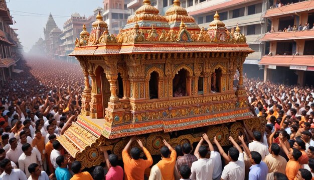 Um grupo de pessoas está de pé em frente a um templo que tem um símbolo da Índia nele