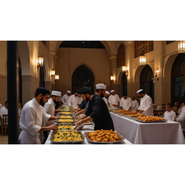 um grupo de pessoas está de pé em torno de uma mesa de buffet com comida sobre ele