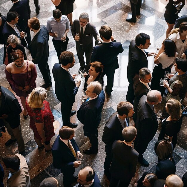 um grupo de pessoas está de pé em um lobby com um deles segurando um copo de vinho
