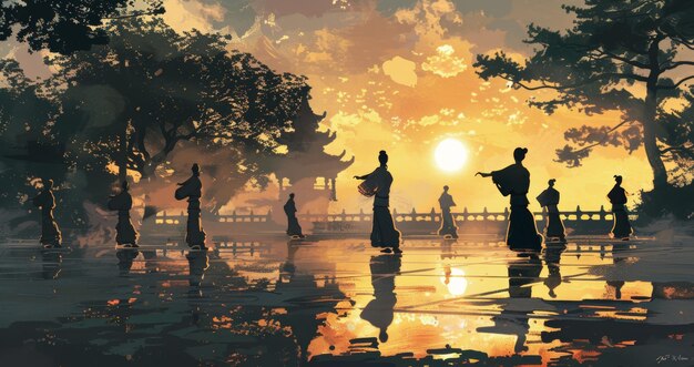 Um grupo de pessoas está de pé em uma lagoa ao pôr do sol