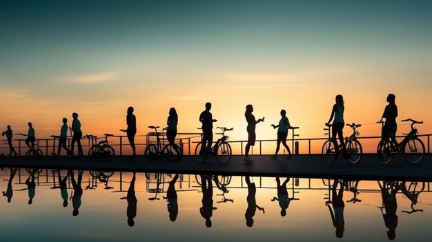 um grupo de pessoas está de pé em uma ponte com o sol atrás deles