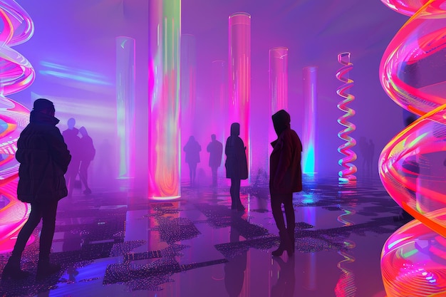 Um grupo de pessoas está de pé em uma sala com luzes de néon e uma escultura em espiral
