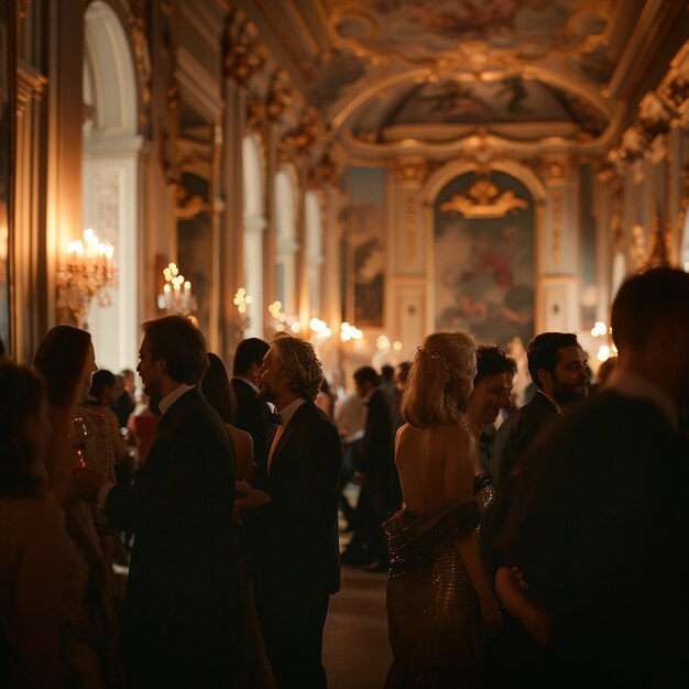 Foto um grupo de pessoas está de pé em uma sala com um candelabro no fundo