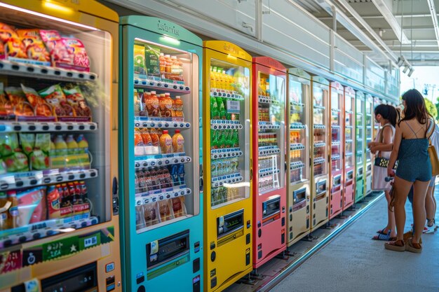 Foto um grupo de pessoas está de pé na frente de uma fileira de máquinas de venda automática coloridas