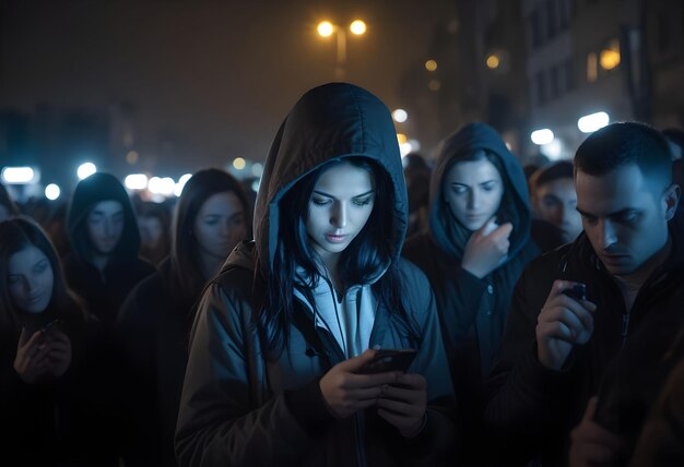 Foto um grupo de pessoas está de pé na rua e uma delas está a mandar mensagens de texto no telemóvel.