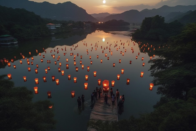 Um grupo de pessoas está em um píer com lanternas flutuando na água e o céu está cheio de lanternas flutuando na água.