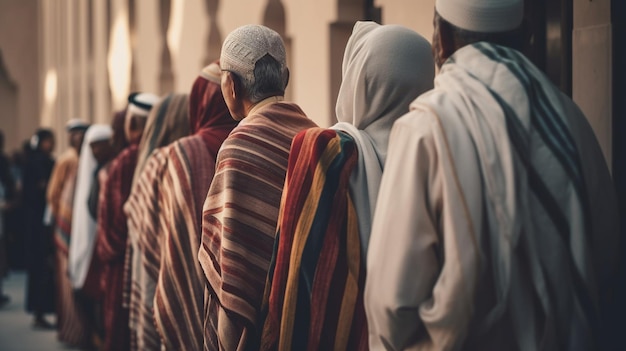 Um grupo de pessoas está em uma fila do lado de fora de uma mesquita, uma das pessoas está usando um cobertor listrado.