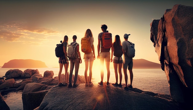Um grupo de pessoas está em uma rocha olhando para o oceano ao pôr do sol
