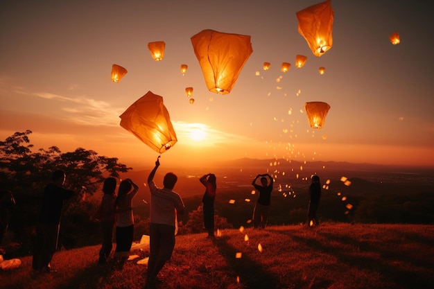 Um grupo de pessoas está lançando lanternas no céu.