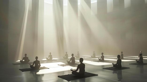 Um grupo de pessoas está meditando em uma grande sala brilhante. A sala está cheia de uma suave luz branca.