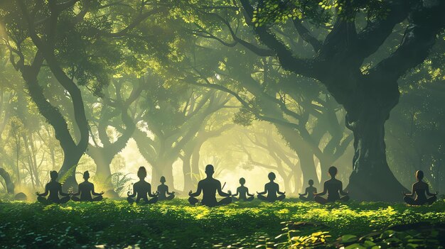 Um grupo de pessoas está meditando numa floresta, todos sentados em círculo com os olhos fechados.