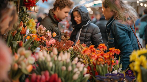 Foto um grupo de pessoas está olhando para flores em um mercado de flores as flores são coloridas e brilhantes e as pessoas estão todas vestidas com roupas casuais