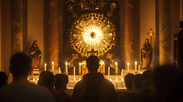 Um grupo de pessoas está orando em uma igreja. A igreja está mal iluminada e a única luz vem das velas que estão queimando no altar.