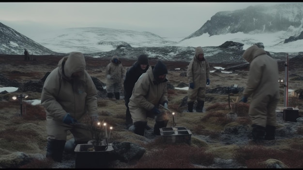 Um grupo de pessoas está parado em frente a uma montanha nevada.