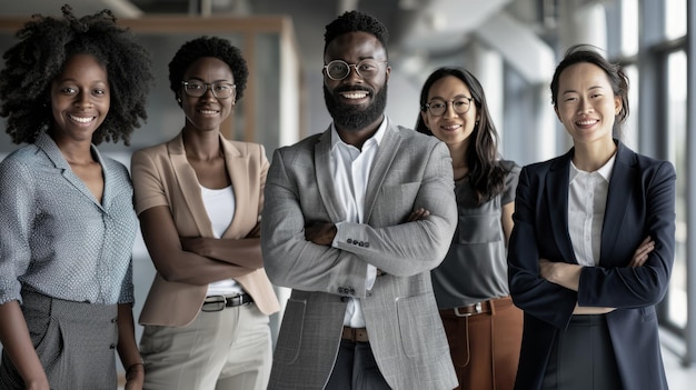 Um grupo de pessoas está posando para uma foto com um homem vestindo um terno