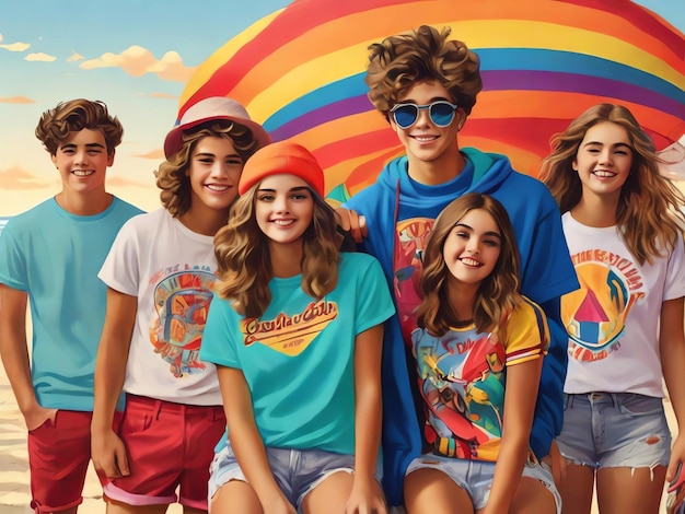Foto um grupo de pessoas está posando para uma foto com uma camisa arco-íris que diz 