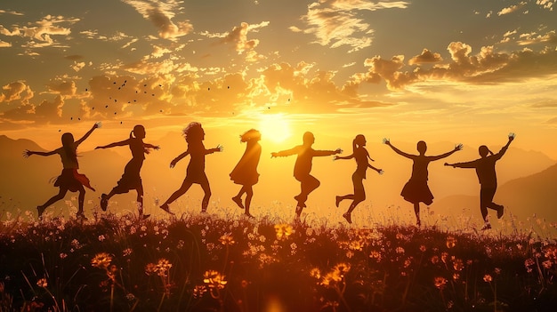 Um grupo de pessoas está pulando no ar com os braços estendidos nas silhuetas do pôr-do-sol contra o céu