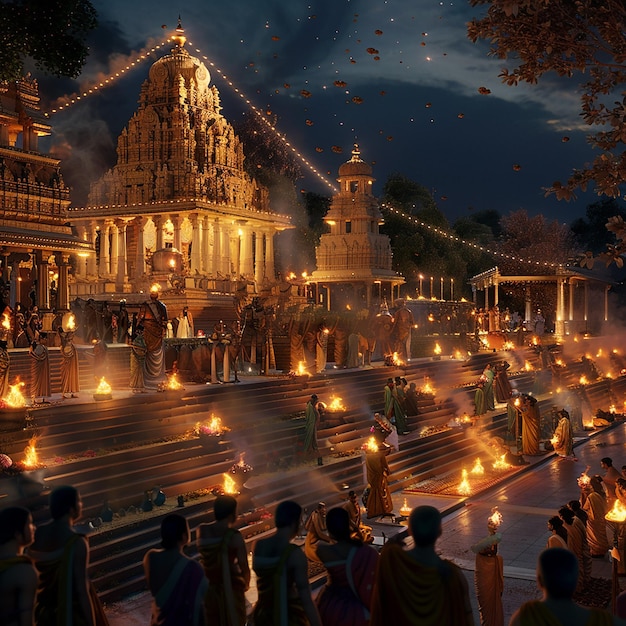 Um grupo de pessoas está reunido em torno de um templo com um grande número de luzes