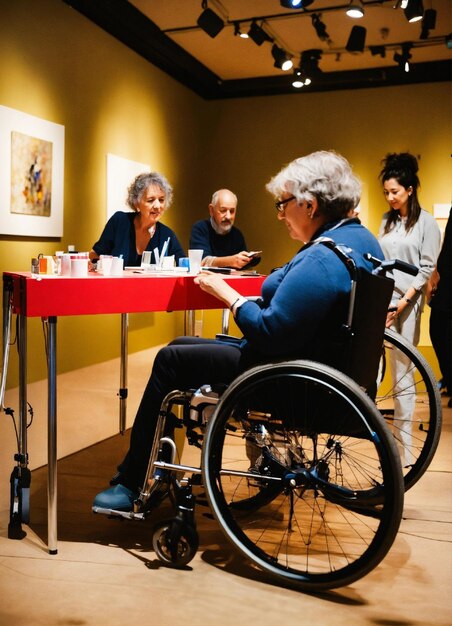 um grupo de pessoas está reunido em torno de uma mesa com uma toalha de mesa vermelha