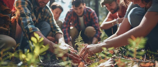 Foto um grupo de pessoas está reunido em torno de uma planta com alguns deles ajoelhados por uma imagem gerada por ai