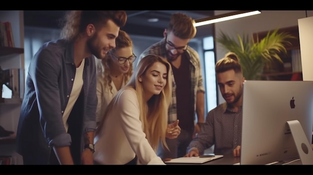 Um grupo de pessoas está reunido em torno de uma tela de computador.